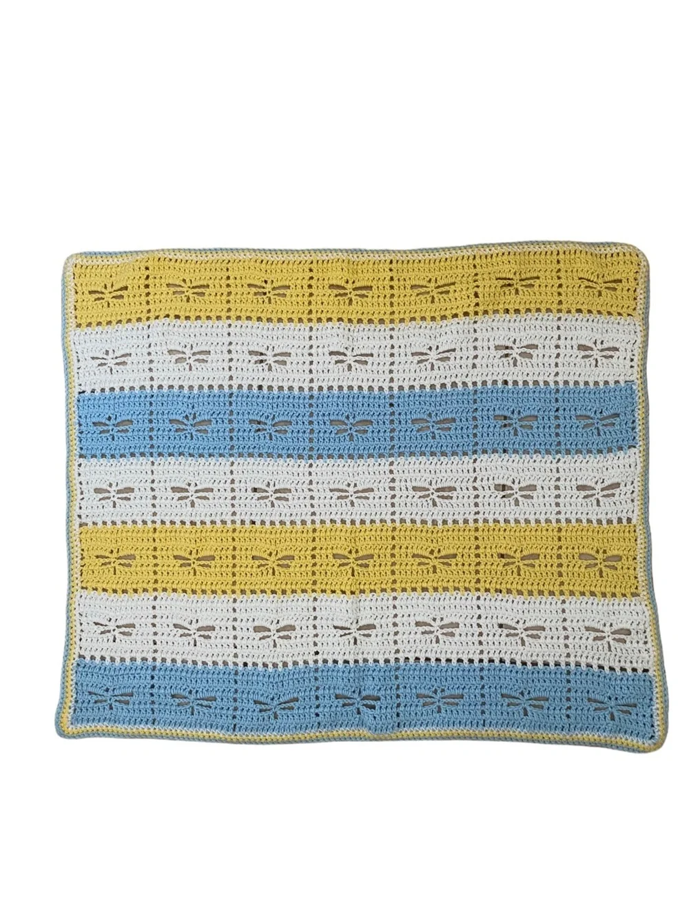 Handmade Yellow, White & Blue Dragonfly Crochet Baby Blanket